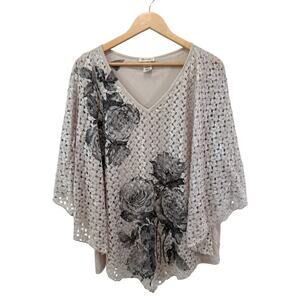 Brittany Black 2X Lace V-Neck 3/4 Sleeve Poncho Style Top Tank Black Rose Fajry